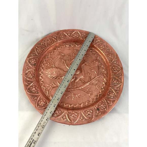 Vintage Hammered Copper Wall Plate Bird Floral Repoussé Hanging Decor 16" - Picture 4 of 11